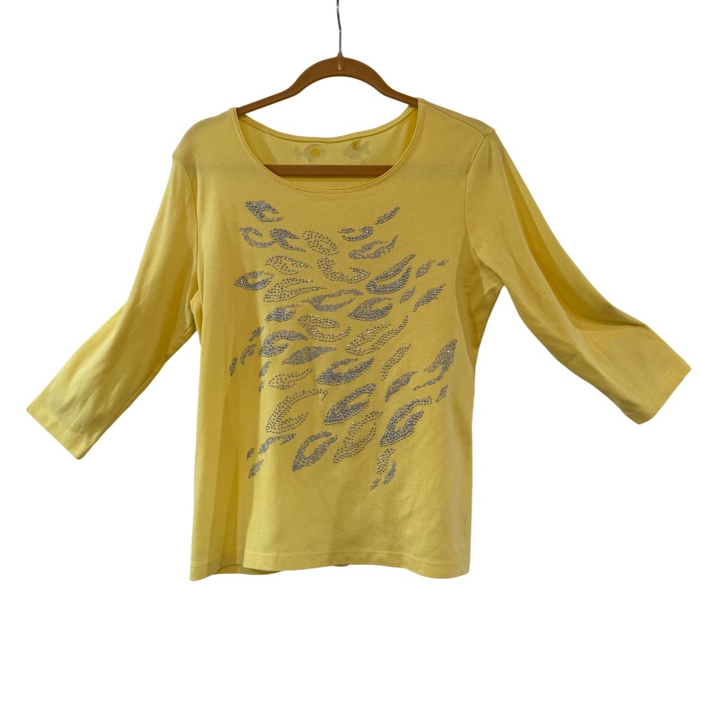 Yellow 3/4 Sleeve Rhinestone Graphic Top with Embroidered Fish Detail Womens